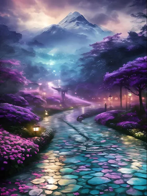 (best quality, master part:1.2), Foco suave, Aquarela gradiente brilhante, Dreamy Melancholic Bridge of Roses, Photorealistic Cosmic Sky, artistic, psicodelic, Chuva incandescente, Tons de roxo