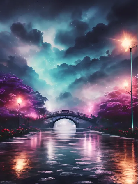 (best quality, master part:1.2), Foco suave, Aquarela gradiente brilhante, Dreamy Melancholic Bridge of Roses, Photorealistic Cosmic Sky, artistic, psicodelic, Chuva incandescente, Tons de roxo