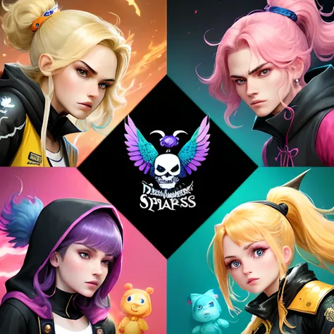 E-sports design with four mascots: the first is a peacock with an angry face in royal blue, the second a cunning pirate pirate in reddish tones, the third mascot will be the blonde Barbie with pink clothes and the last and fourth a hooded Sorceress in purp...