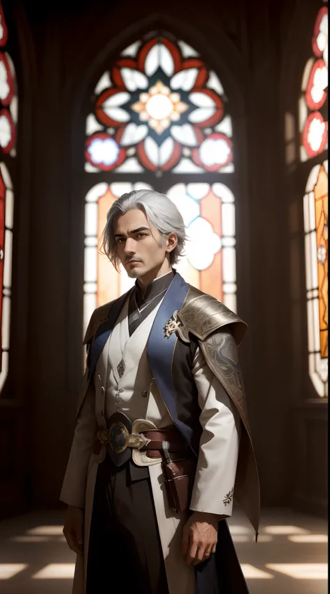 alhaitham (genshin impact), 1 male, (Solo:1.4), grey hair, standing in front of the stained glass window, dramatic sunset lighting