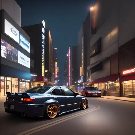 Stanced JDM car with beautiful city lights in background