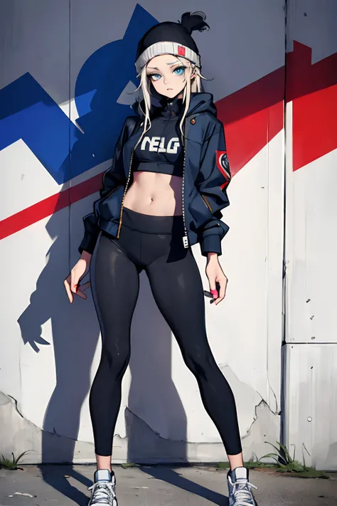 (masterpiece:1.2, best quality), (graffiti wall:1.15), 1lady, beanie, jacket, Leggings, blue eyes, fullbody,