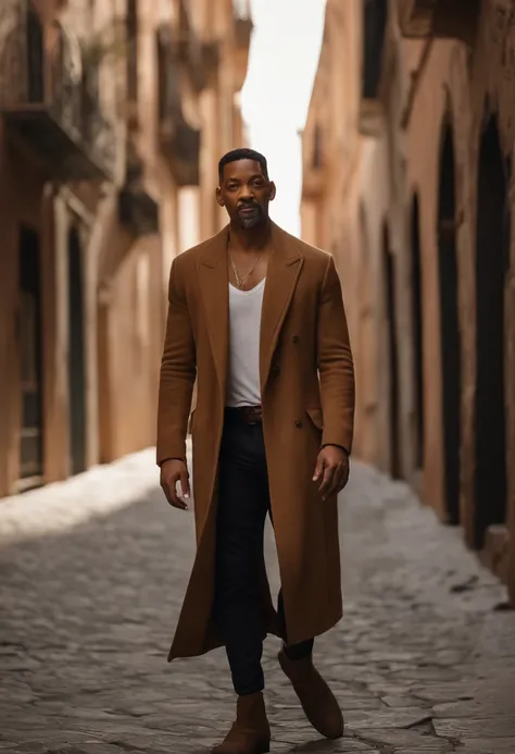 Foto RAW, um retrato do Will Smith, aproximado de um homem brutal de 45 anos em roupas de desertor, corte de cabelo longo, pale skinned, corpo esguio, background of city ruins (pele altamente detalhada: 1.2), 8k uhd, dslr, soft-lighting, alta qualidade, gr...