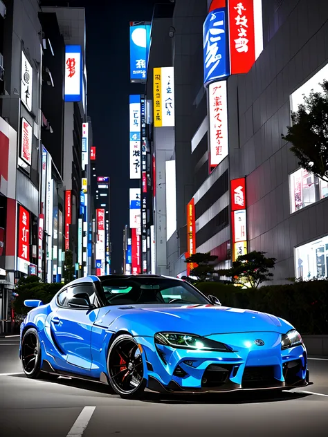 Stanced bright blue Toyota Supra in Tokyo at night