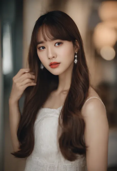 a close up of a woman with long hair wearing a white top, young cute wan asian face, Beautiful young Korean woman, Yoshitomo Nara, tidy hair，By bangs, beautiful Korean women, Gorgeous young Korean woman, lalisa manobal, young lovely Korean faces, girl cute...