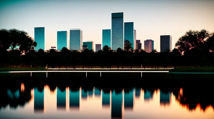 trees are in the foreground and a lake in the foreground, city reflection, reflexos da cidade, belos reflexos rtx, paisagem crep...