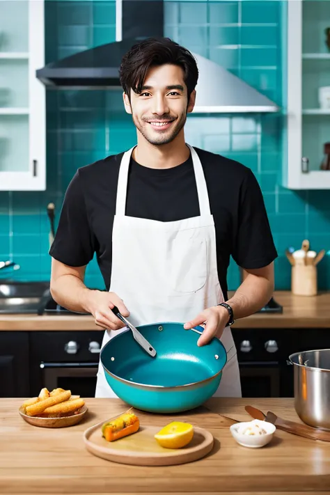 Cook man holding a frying pan