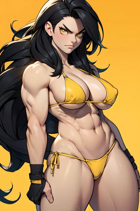 solo, 1 girl, very long hair, black hair, angry, yellow eyes pale skin bodybuilder huge tits (string bikini) wide hips thick thighs curvy