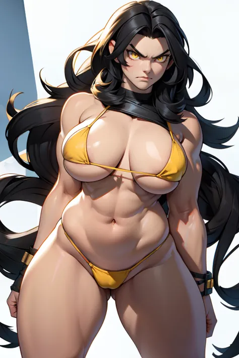 solo, 1 girl, very long hair, black hair, angry, yellow eyes pale skin bodybuilder huge tits (string bikini) wide hips thick thighs curvy