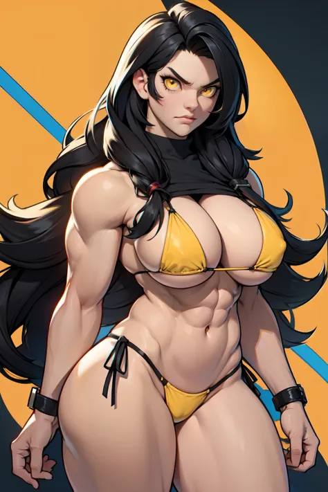 solo, 1 girl, very long hair, black hair, angry, yellow eyes pale skin bodybuilder huge tits (string bikini) wide hips thick thighs curvy