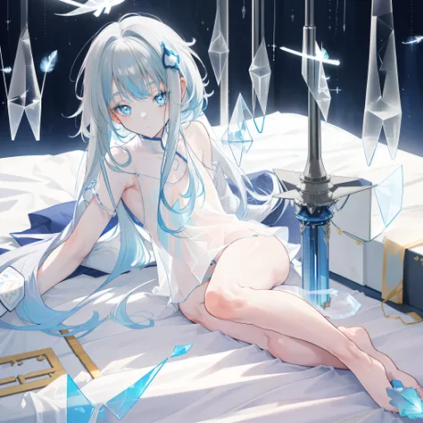 ((A close up)) of anime teen girl, (((((laying down calmly in a small bed))))), (mostly naked), ((barefoot)), (cinematic light), skin is perfectly white, soft, and smooth, ((no nsfw)), Extremely delicate and beautiful CG illustration, small thigh, slim bod...