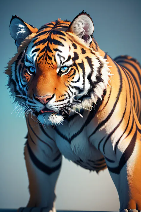 a tiger, minimalistic colorful organic forms, energy, assembled, layered, depth, alive vibrant, 3D, abstract, on a light blue background