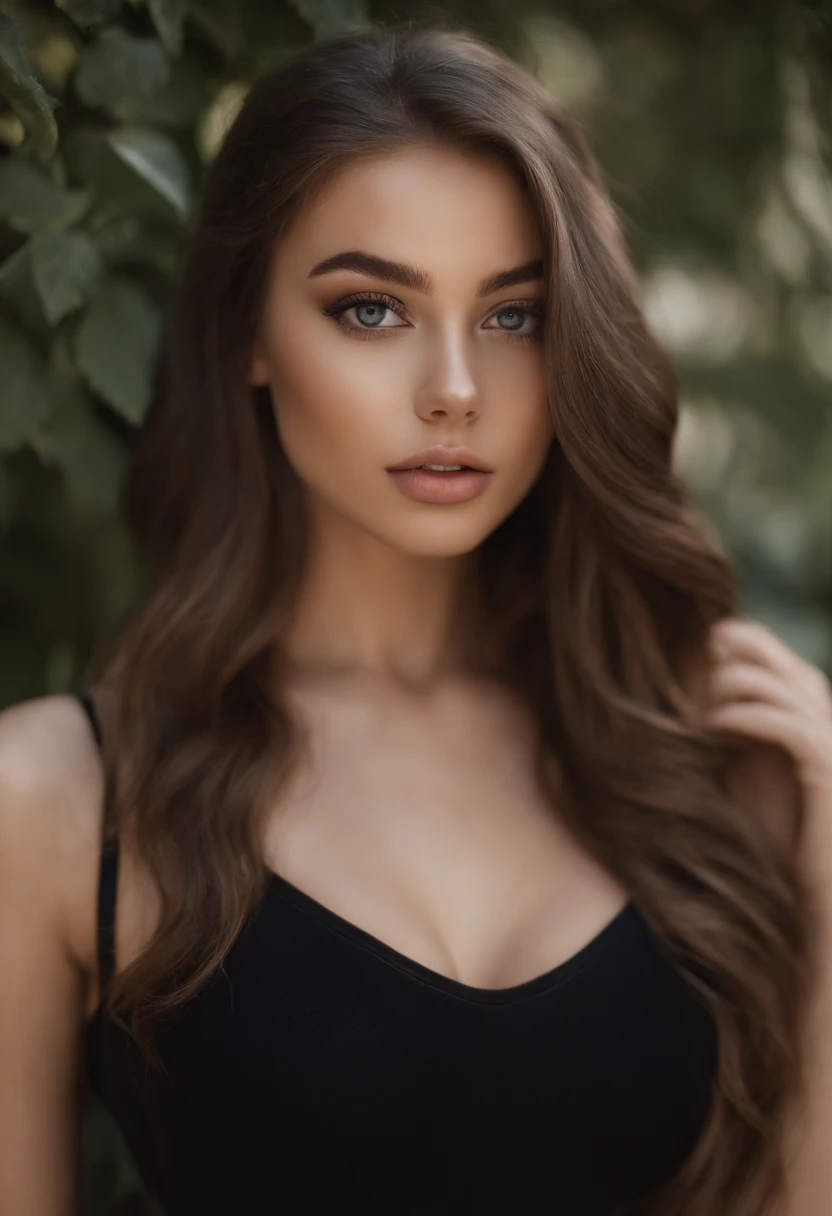 17 year old woman with black clothes black pantyhose, fille sexy aux yeux bruns, Portrait Sophie Mudd, cheveux bruns et grands yeux, of a young woman, Yeux de chambre, Violet Myers, sans maquillage, maquillage naturel, looking straight at camera, Visage av...