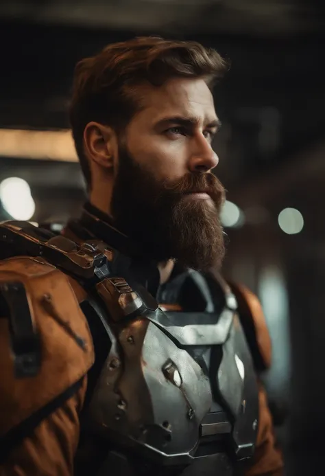 Portrait photo of muscular bearded guy in a worn mech suit, ((light bokeh)), intricate, (steel metal [rust]), elegant, sharp focus, photo by greg rutkowski, soft lighting, vibrant colors, masterpiece, ((streets)), detailed face