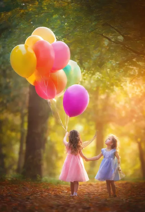 (Contenido) A girl of about 5 years old playing with a colorful balloon in a sunny park.(Estilos) Photography style inspired by the innocence and happiness of childhood, with a touch of magical realism.(luci) Golden evening light bathing the scene, creando...