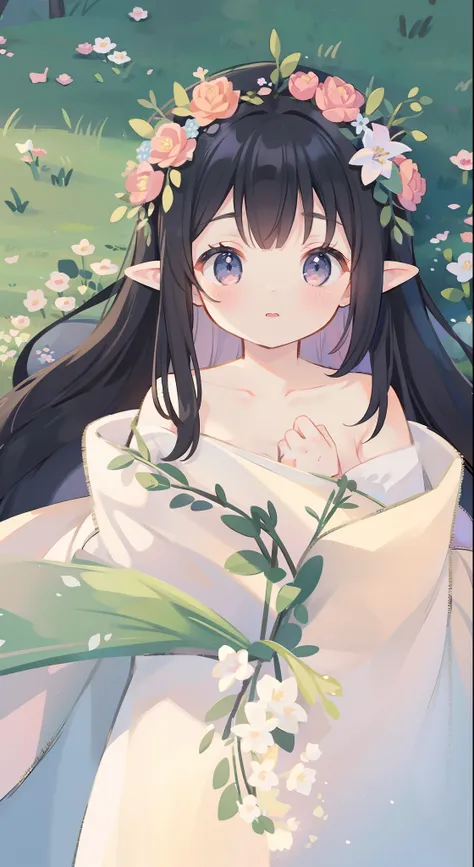 high high quality，masterpiece，Delicate facial features，Delicate hair，Delicate eyes，Delicate hair，animemanga girl，deer antlers，Black color hair，florals, Dreamy style, Fantastic flower garden，fantasy style clothing,Romantic dress,  beautiful and elegant elf ...