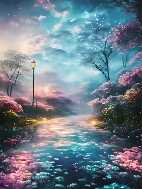 (best quality, master part:1.2), Foco suave, Aquarela gradiente brilhante, Dreamy melancholic path of roses, Photorealistic Cosmic Sky, artistic, psicodelico, olho gigante