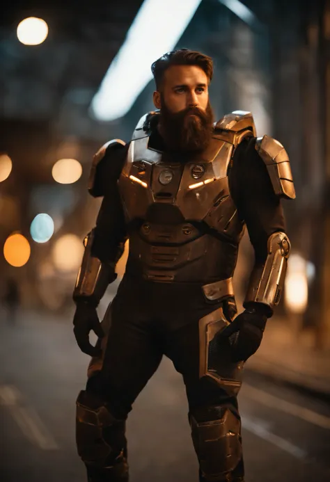 Portrait photo of muscular bearded guy in a worn mech suit, ((light bokeh)), intricate, (steel metal [rust]), elegant, sharp focus, photo by greg rutkowski, soft lighting, vibrant colors, masterpiece, ((streets)), detailed face