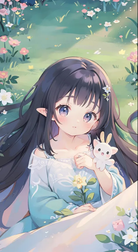 high high quality，masterpiece，Delicate facial features，Delicate hair，Delicate eyes，Delicate hair，animemanga girl，deer antlers，Black color hair，florals, Dreamy style, Fantastic flower garden，fantasy style clothing,Romantic dress,  beautiful and elegant elf ...