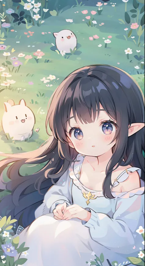 high high quality，masterpiece，Delicate facial features，Delicate hair，Delicate eyes，Delicate hair，animemanga girl，deer antlers，Black color hair，florals, Dreamy style, Fantastic flower garden，fantasy style clothing,Romantic dress,  beautiful and elegant elf ...