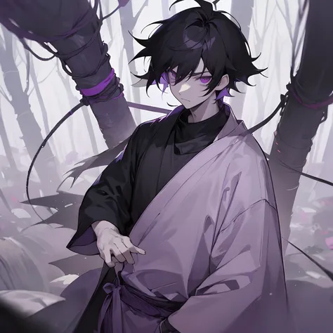 1male , black hair , purple eyes , messy hair , pale skin , black t-shirt with a grey undershirt with slightly longer sleeves , standing in forest background , facing viewer, somber expression , ninja clothing , young boy , child , purple wrapped belt