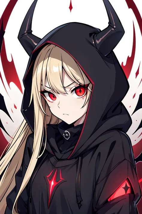 best quality, expressive eyes, perfect face, small shorts, sleek legs, black hoodie, hood over head, hood raised, long blonde hair, glowing eyes, red eyes, side glance, hands in pockets, gothic sweater, goth, demon, demonic, demon-like features, beautiful ...