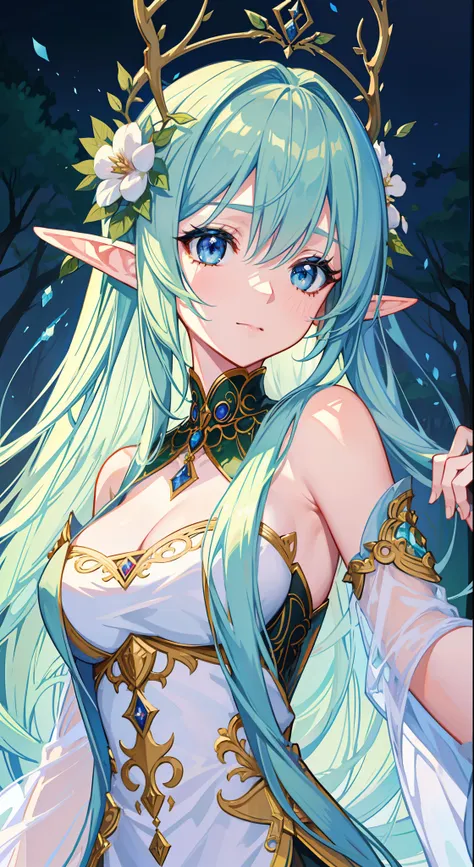 high high quality，masterpiece，Delicate facial features，Delicate hair，Delicate eyes，Delicate hair，animemanga girl，deer antlers，Black color hair，florals, Dreamy style, Fantastic flower garden，fantasy style clothing,Romantic dress,  beautiful and elegant elf ...