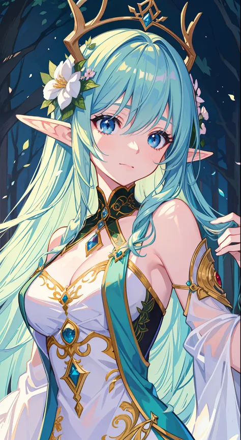 high high quality，masterpiece，Delicate facial features，Delicate hair，Delicate eyes，Delicate hair，animemanga girl，deer antlers，Black color hair，florals, Dreamy style, Fantastic flower garden，fantasy style clothing,Romantic dress,  beautiful and elegant elf ...