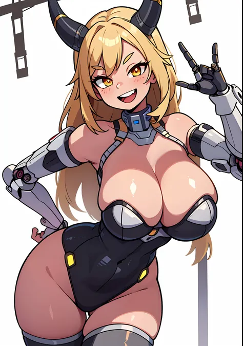 excited smile, big grin, (fully robotic, white skin:1.2), glowing eyes, space crew, a mecha woman in a black outfit with horns, oppai, seductive anime girl, fine details. girls frontline, thicc, from girls frontline, shikamimi, ahegao, ecchi, small curvy l...