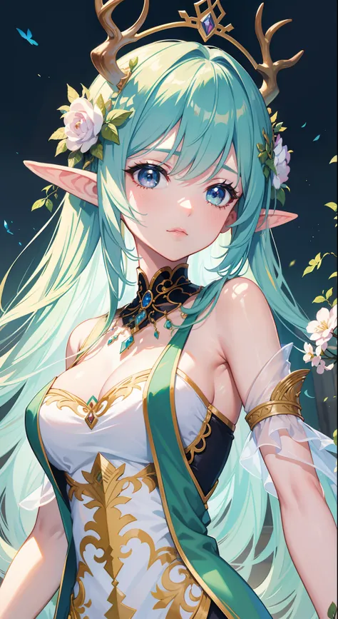 high high quality，masterpiece，Delicate facial features，Delicate hair，Delicate eyes，Delicate hair，animemanga girl，deer antlers，Black color hair，florals, Dreamy style, Fantastic flower garden，fantasy style clothing,Romantic dress,  beautiful and elegant elf ...