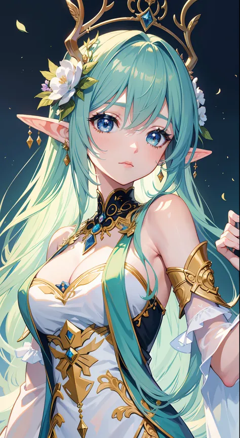 high high quality，masterpiece，Delicate facial features，Delicate hair，Delicate eyes，Delicate hair，animemanga girl，deer antlers，Black color hair，florals, Dreamy style, Fantastic flower garden，fantasy style clothing,Romantic dress,  beautiful and elegant elf ...