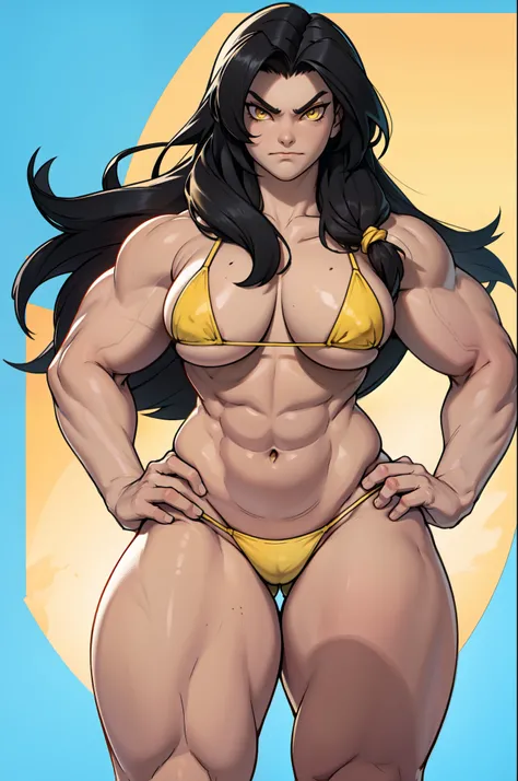 solo, 1 girl, very long hair, black hair, angry, yellow eyes pale skin (string bikini) (wide hips thick thighs curvy muscular toned body bodybuilder huge tits)