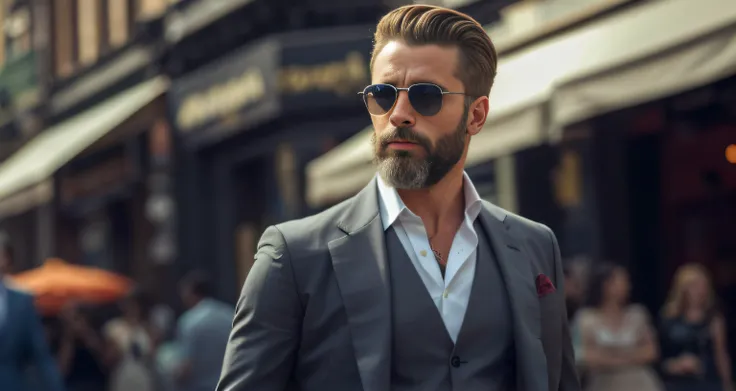 Man in suit and sunglasses standing on a crowded street, homem bonito, homem muito atraente com barba, Retrato VFX altamente detalhado, bonito e elegante, homem atraente, Macho bonito, masculino e bonito, barba grisalha, bonito e atraente, Directed by: Emm...