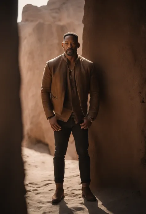 Foto RAW, um retrato do Will Smith, aproximado de um homem brutal de 45 anos em roupas de desertor, corte de cabelo longo, pale skinned, corpo esguio, background of city ruins (pele altamente detalhada: 1.2), 8k uhd, dslr, soft-lighting, alta qualidade, gr...