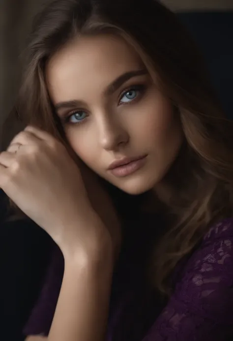 17 Year Old Woman With Black Clothes Black Pantyhose, fille sexy aux yeux bruns, Portrait Sophie Mudd, cheveux bruns et grands yeux, of a young woman, Yeux de chambre, Violet Myers, sans maquillage, maquillage naturel, looking straight at camera, Visage av...