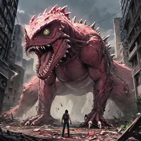 um monstro gigante com um corpo de lagarto, dorso frondoso com espinhos de plantas e folhas, Spitting acid on the floor,Cidade devastada,last of us:1.05, ultra-detalhado,Tamanho Enorme,natureza destrutiva, Sinister presence,fierce expression,olhar intenso,...