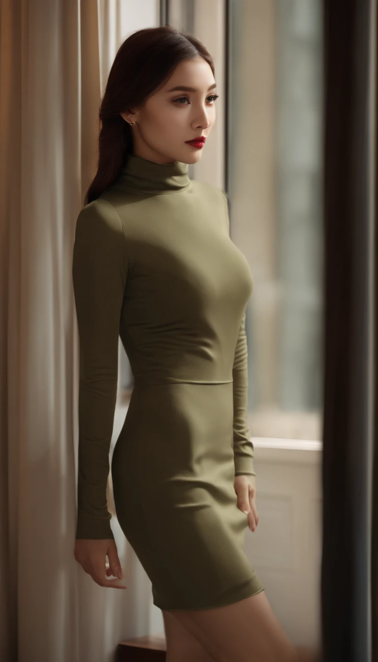 Wear a skinny turtleneck dress miniskirt，Flesh-colored thickened pantyhose,The expression is full of desire，Twilight Street，Face away from the camera，Bend over and turn back， RAW photo, (8K、top-quality、tmasterpiece:1.2)、(intricately details:1.4)、(Photoreal...