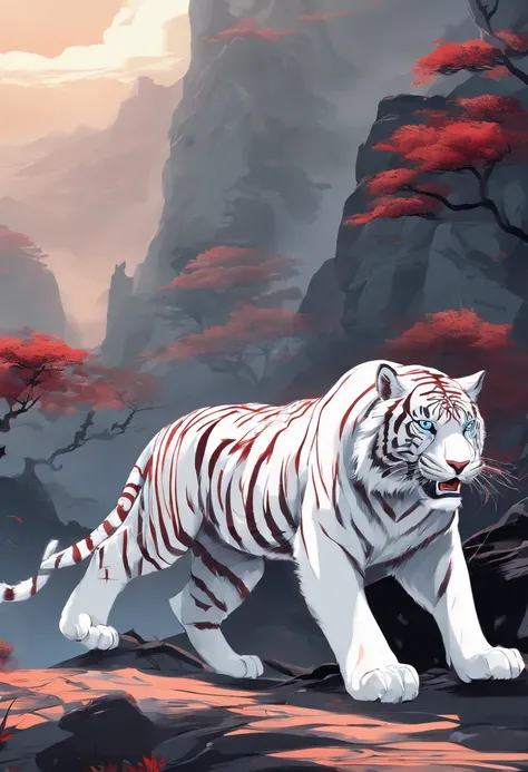 China-style，Chinese mythology，White Tiger，roar，ferocious，gigantic，Eyes glow red，glow effects，High hills，cloudy fog，the night，Medium View Scene，body complet, like a， highly detailed surreal vfx，oc render， - AR 16:9 --q 2 --s 1000