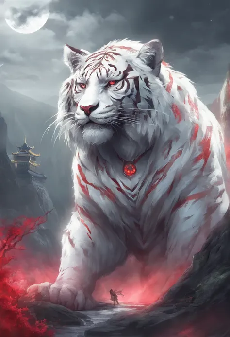 China-style，Chinese mythology，White Tiger，roar，ferocious，gigantic，Eyes glow red，glow effects，High hills，cloudy fog，the night，Medium View Scene，body complet, like a， highly detailed surreal vfx，oc render， - AR 16:9 --q 2 --s 1000