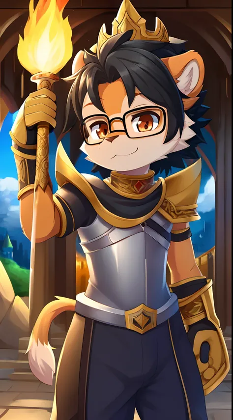 furry shota, lion, black hair, spiky hairstyle, orange eyes, glasses, detailed body fur, prince crown, medieval armor, chest piece, shoulder pad, arm piece, armor gloves, armor pants, Paladin Outfit, holding a fire sword, flat body, masterpiece, looking at...