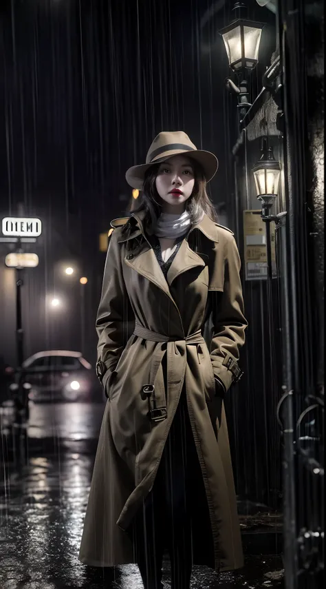 create a dramatic film noir scene with the malay woman in lingerie with classic trench coat and fedora, wide hips, thick thighs,...