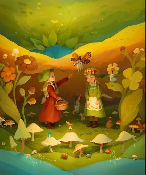 Painting of two children in a field with mushrooms and a dog, Slavic folk fairy tale, pintura de conto de fadas, Russian folk fairy tale, eftir Nína Tryggvadóttir, Directed by: Louisa Matthíasdóttir, inspirado em Elsa Beskow, eftir Júlíana Sveinsdóttur, mi...