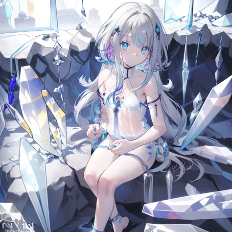 ((A close up)) of anime teen girl, (((((sitting down in a cave full of (crystals: 1.4)))))), (mostly naked), ((barefoot)), (cinematic light), skin is perfectly white, soft, and smooth, ((no nsfw)), Extremely delicate and beautiful CG illustration, small th...