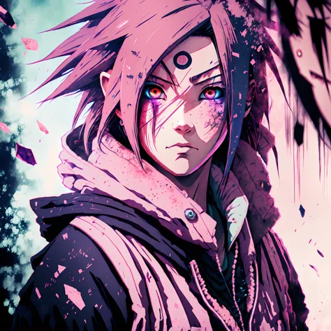 sakura uchiha in the hood, black and pink hair, one green eye, one red eye