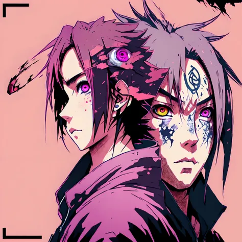 sakura uchiha in the hood, black and pink hair, one green eye, one red eye