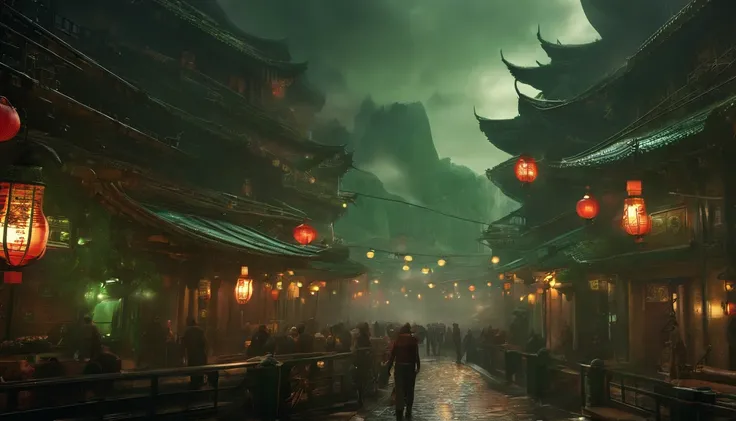 Cyberpunk city from sci-fi movie, night, shrouded in green smoke, bridge, old shop, Strange Tales from a Chinese Studio, red lanterns, ghosts roaming the streets, irregular, circuit boards, wires, intricate, super detailed, realistic, hyper Realistic, High...