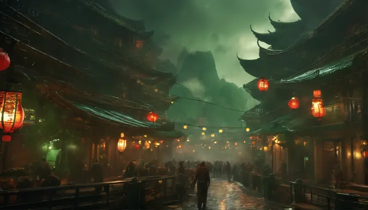 Cyberpunk city from sci-fi movie, night, shrouded in green smoke, bridge, old shop, Strange Tales from a Chinese Studio, red lanterns, ghosts roaming the streets, irregular, circuit boards, wires, intricate, super detailed, realistic, hyper Realistic, High...