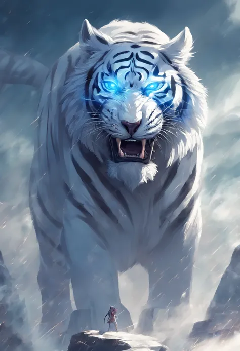 China-style，Chinese mythology，White Tiger，roar，ferocious，gigantic，Eyes glow blue，glow effects，High hills，cloudy fog，the night，Medium View Scene，body complet, like a， highly detailed surreal vfx，oc render， - AR 16:9 --q 2 --s 1000