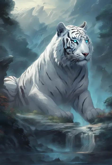 China-style，Chinese mythology，White Tiger，roar，ferocious，gigantic，Eyes glow blue，glow effects，High hills，cloudy fog，the night，Medium View Scene，body complet, like a， highly detailed surreal vfx，oc render， - AR 16:9 --q 2 --s 1000