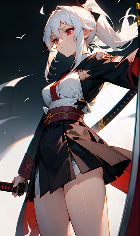 Garota com corpo forte, medium breasts with long straight white hair down to the leg wearing a black haori with some white armbands and some white articles of clothing with a katana at the red waist and tied hair ponytail red eyes